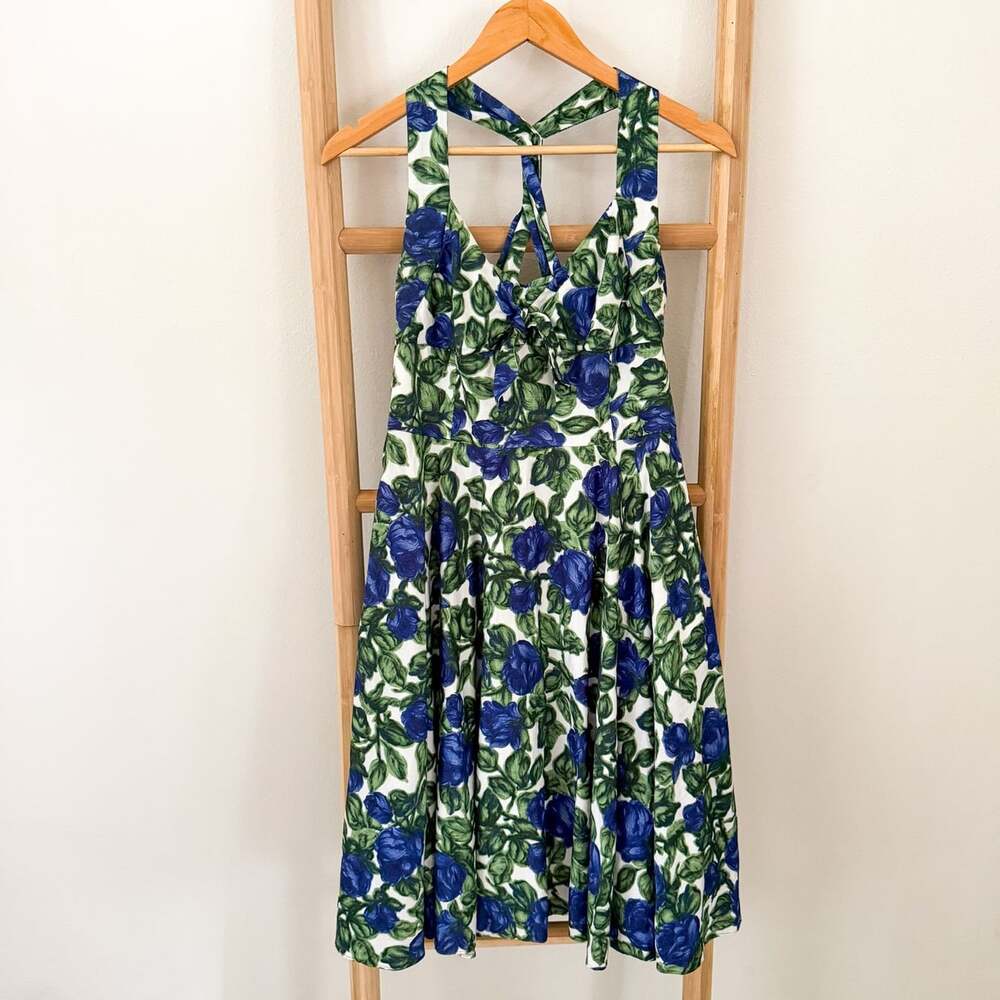 Milly of New York Midi Dress Size 10 Blue Floral Fit & Flare Cotton USA